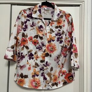 Alia Petites Floral Button Front Blouse 3/4 Sleeve White Orange Purple Size 12P